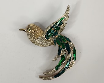 Bird Parrot Pin Brooch Green White Costume Jewelry Vintage Gold Tone Rhinestone