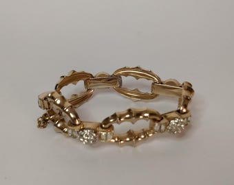 Vintage Barclay Costume Gold Tone Clear Rhinestone Round Link Bracelet Old Money