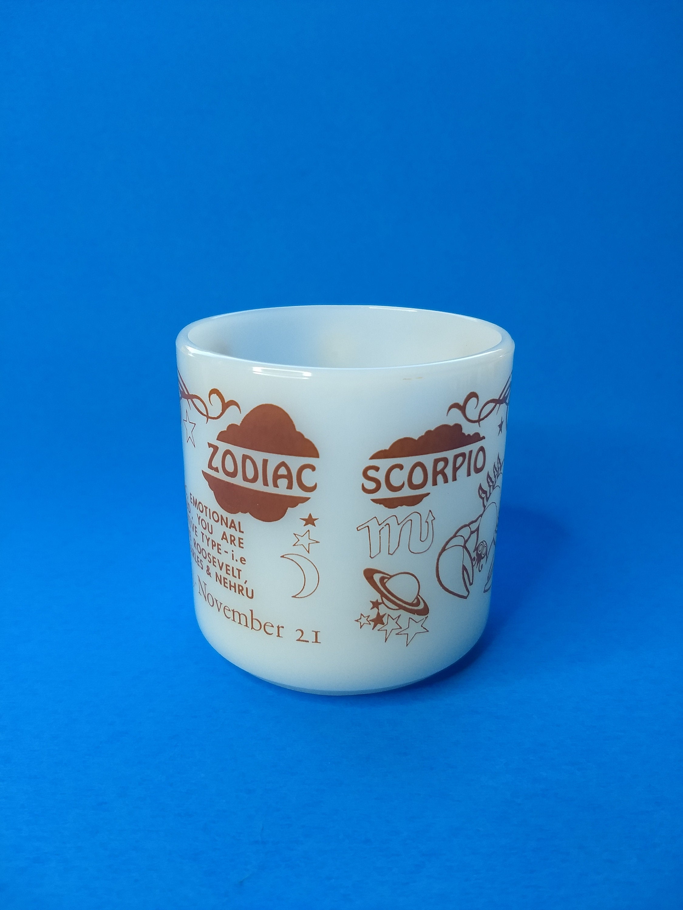 Federal Milk Glass Scorpio Mug Brown Astrology Graphic Writing Vintage -  Etsy