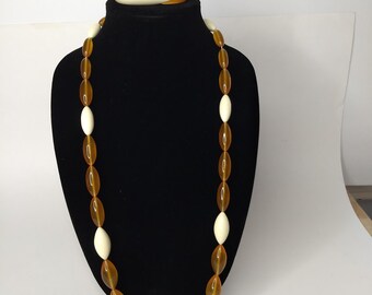 Plastic Necklace Hinge Bracelet Set Orange Beige Vintage Retro Mod Barrel Clasp