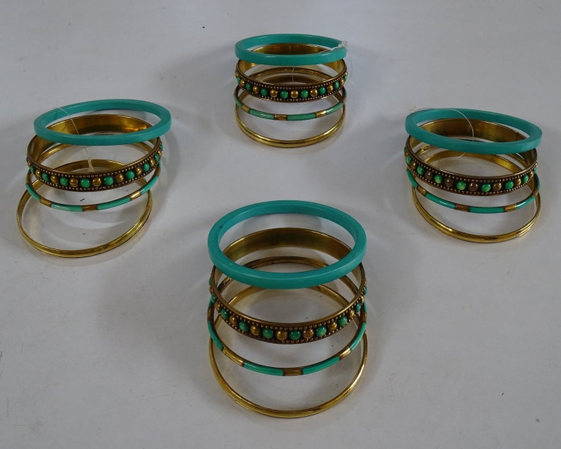 Bohemian Bangle Glass Chip Brass Bangle Set Set of Four Bangles Bracelet Brass Cuff Indian Bangles Green Gold