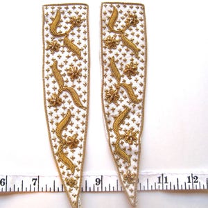 2 Antique Metallic Silk Brocade Embroidery Panels- Appliqué w. Gold Bullion on White Satin-Epaulettes, Clergy Vestments, Military, Majorette