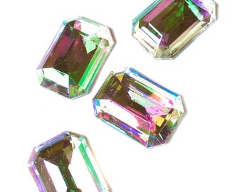 3 Large Rectangle Acrylic JEWEL Stones- 28 x 40mm with faceted top, silver foil back- AURORA BOREALIS- Jewelry, Crafts Supply- 1 lot (3 pcs)
