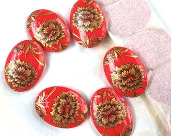 6 Vintage Red Glass Stones w. Gold Flower motif- China Moonlight Flower Jewel Stones Oval 25x18mm  Cabochons-flat back-Jewelry, Craft Supply