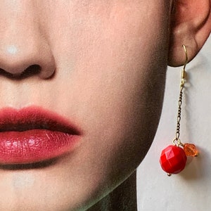 Vintage Bakelite/Fakelite BALL EARRINGS with Charms / Long Red Dangle Earrings / Midcentury Red Earrings / Orange and Red Bead Earrings