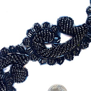 2 applicazioni/attacchi/abbellimenti vintage neri con perline PAISLEY "coda di scoiattolo" per costumi + decorazioni (2) pezzi tagliati o non tagliati