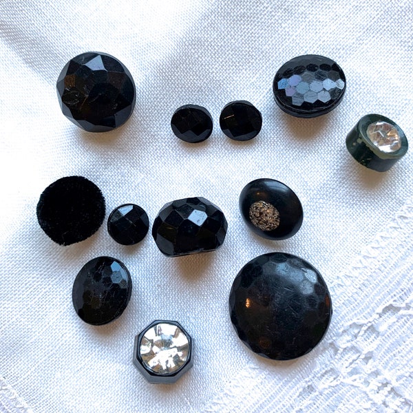 Vintage Mid Century BUTTONS 12 Pc.mix Round shapes Black and Rhinestone Shank Buttons 6mm - 20 mm for Jewelry, Crafts, Sewing, Millinery