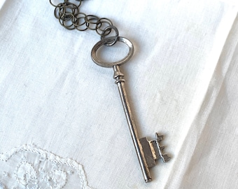 VINTAGE KEY Necklace - Old Skeleton Key Charm Pendant Necklace- Large Silver or Small Brass Key on Chain- Key Necklace for Gifting and Love