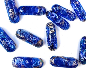 1 doz Vintage SILVER METALLIC Coated Glass Stones- Blue Japanese Jewel Stones- Oblong 29 x 10mm Cabochons-for Jewelry, Craft, Art, Mosaic