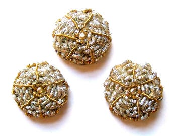 1 Vintage Gold Silber Metallic Dome Applikation mit Perlen-Verzierung Silber Bullion Goldbarren Kostüme, Accessoire, DIY, Brautschmuck