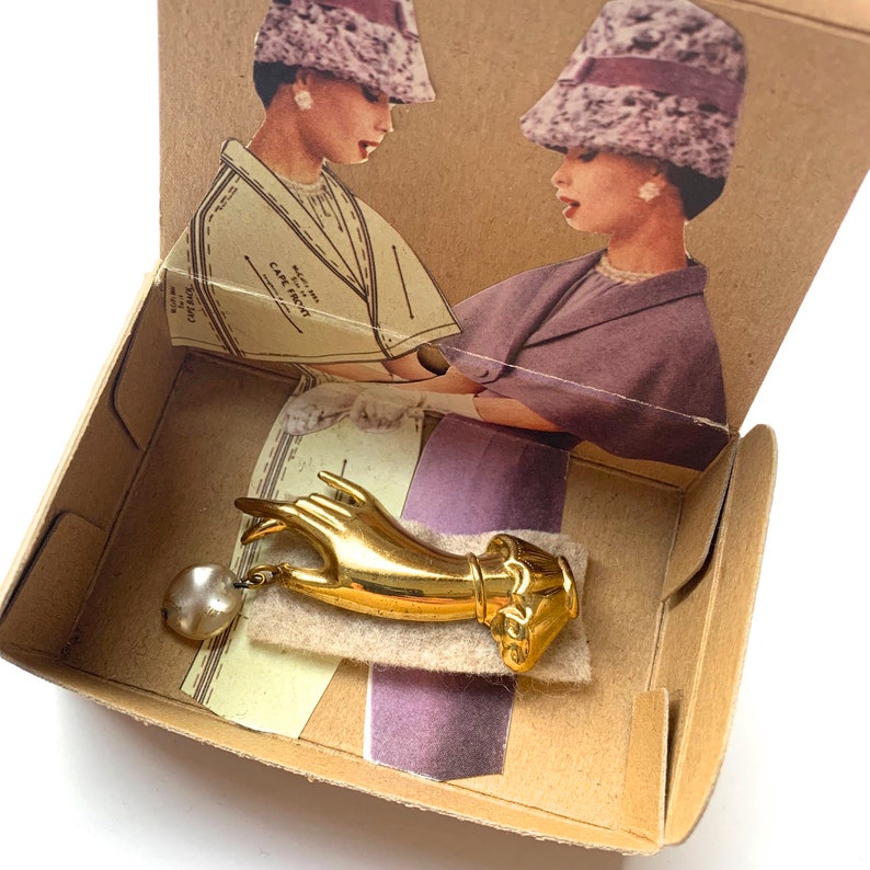 Vintage Lapel Pin with Gift Box FEMALE HAND or SISTER Retro Pin Unique Gift under 25 Vintage Gold Tone Scripted Word or Hand Brooch