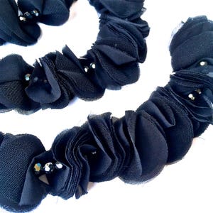 BLACK RUFFLED TRIM Beaded Flower Trim- Black &#39;Organza-like&#39; Flowers -Apparel Trim, Crafts Supply-Trim, Decor, Sewing-Decoration-1 lot/7pcs.