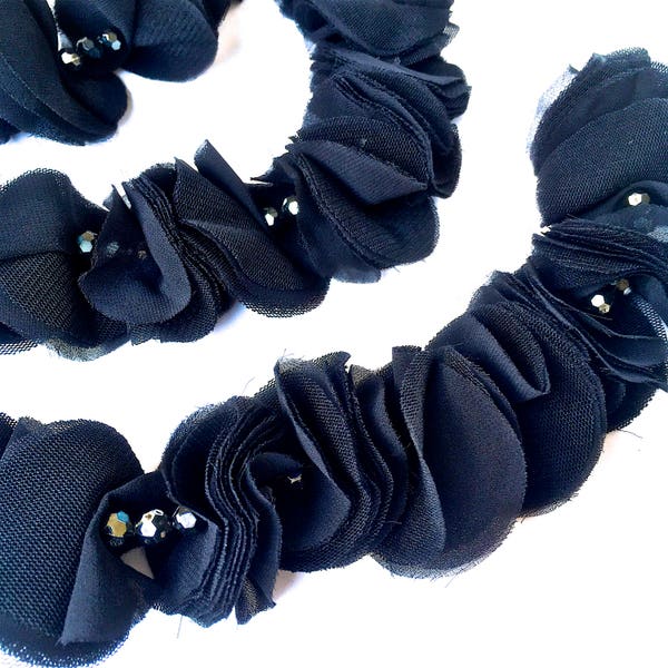 BLACK RUFFLED TRIM Beaded Flower Trim- Black 'Organza-like' Flowers -Apparel Trim, Crafts Supply-Trim, Decor, Sewing-Decoration-1 lot/7pcs.