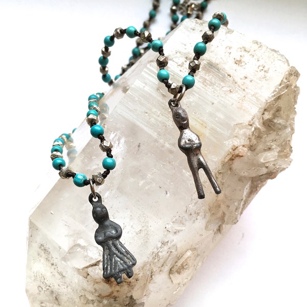 Vintage Mexican pewter Milagro Necklace with Turquoise and Silver Beads/ Turquoise and Vintage Milagro Charm Pendant/ Folk Art Cure Necklace