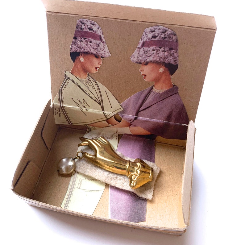Vintage Lapel Pin with Gift Box FEMALE HAND or SISTER Retro Pin Unique Gift under 25 Vintage Gold Tone Scripted Word or Hand Brooch