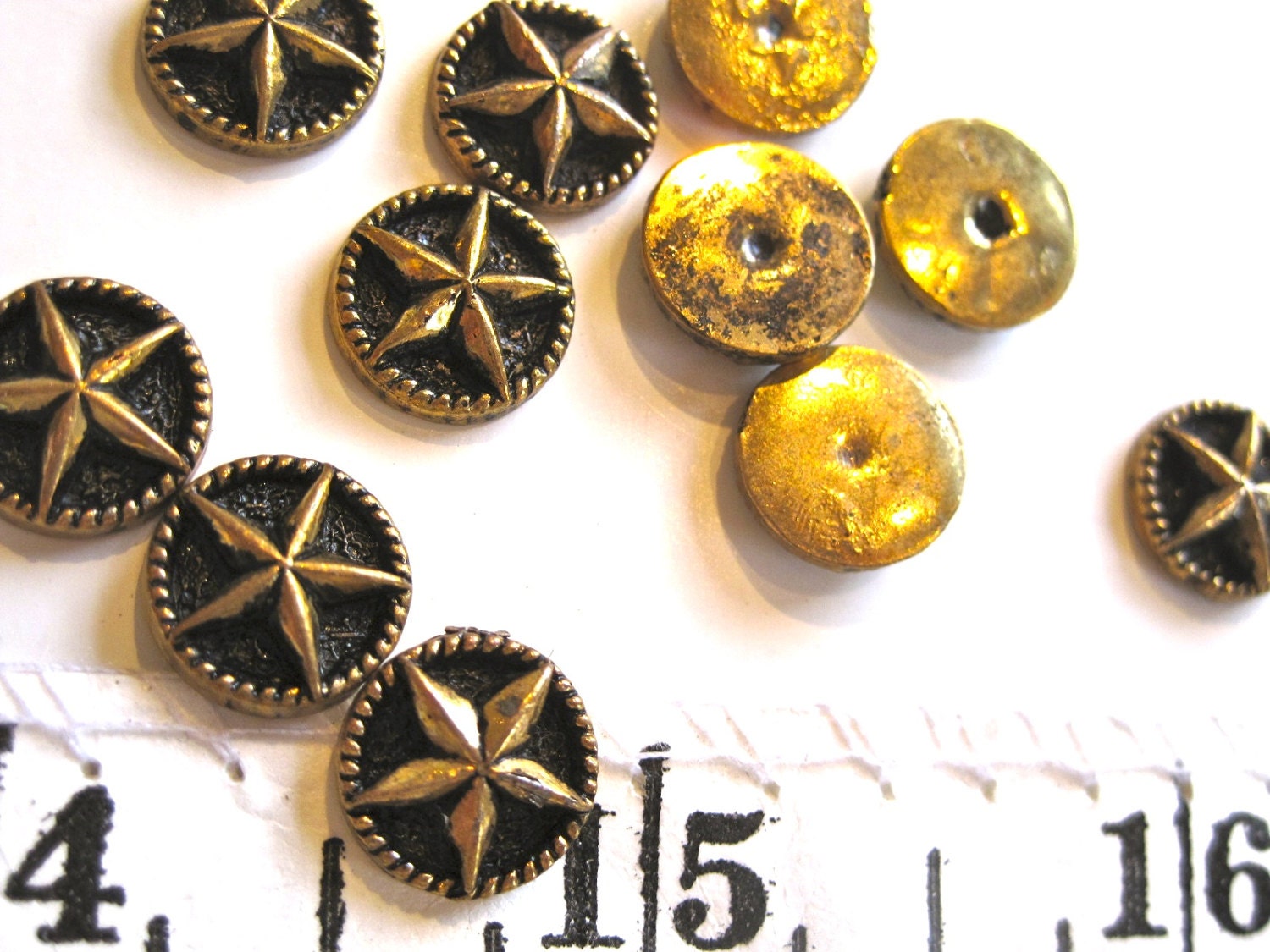 36 Nautical design BUTTON TOPS- Star + Rope Golden Brass Mini Disks with raised 5-point Star- Vintage Metal Findings for Jewelry and Crafts