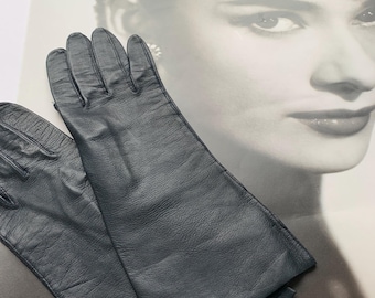 Vintage Ladies Short Evening GLOVES in Dark Navy Blue Leather, Made in Italy, US size 7,  Butter Soft Calf Leather 10.5" long