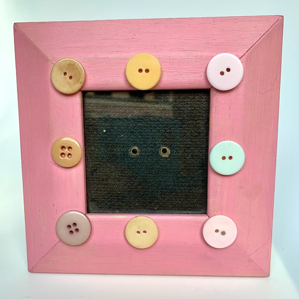 Wooden FRAME with Buttons, Pink 5.75" Square Wood Frame, Painted One of a Kind FRAME, Pretty Pink Retro Frame, Baby Gift, Frames for Kids