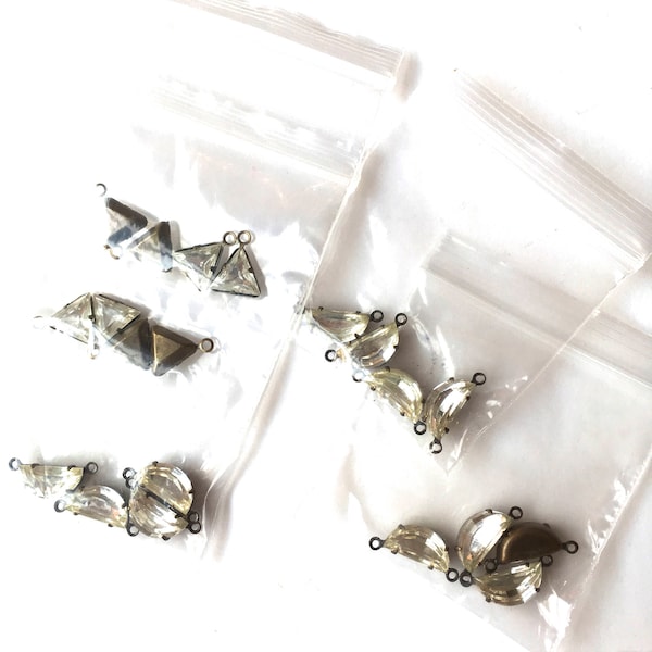 8 CRYSTAL RHINESTONE Connectors- Ass't Mix of Triangle and Half Moon Loop Charm Glass Connectors in Brass settings for Jewelry, Art, Crafts