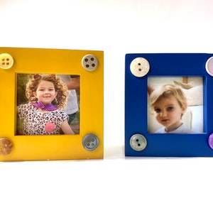 2 Wooden Cube FRAMES with Buttons, Yellow and Blue 3&quot;x3&quot;x2&quot; Cube Frames, Pair of Painted OOAK FRAMES for Baby or Kid&#39;s Room, Vacation Photos