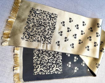 Vintage Double Sided Gold Silk Sateen Jacquard Accent Scarf / Elegant Floral Print Scarf / Ladies or Mens Double-faced Silk Scarf 6&quot;W x 33&quot;L