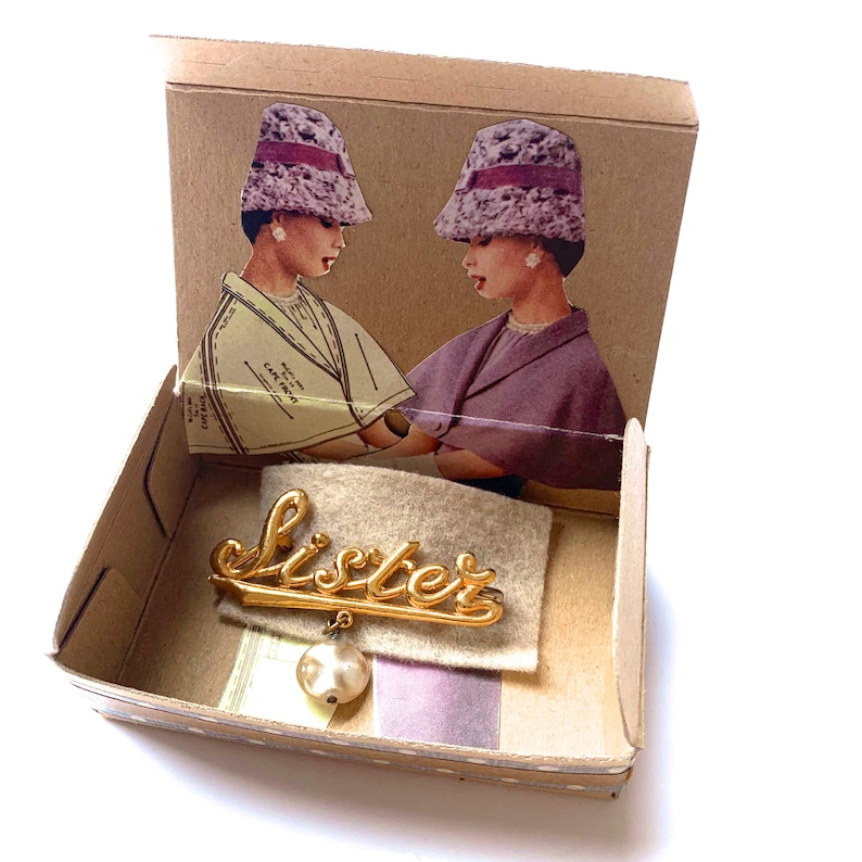 Vintage Lapel Pin with Gift Box FEMALE HAND or SISTER Retro Pin Unique Gift under 25 Vintage Gold Tone Scripted Word or Hand Brooch
