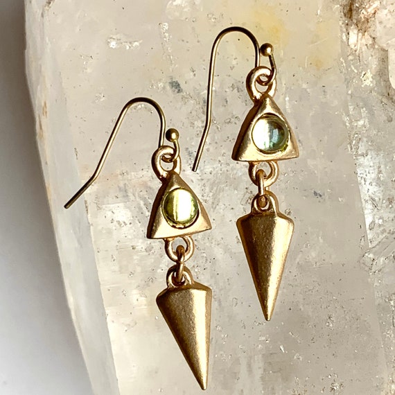 Matte Gold Vintage Dangle Earrings with Pale Gree… - image 7