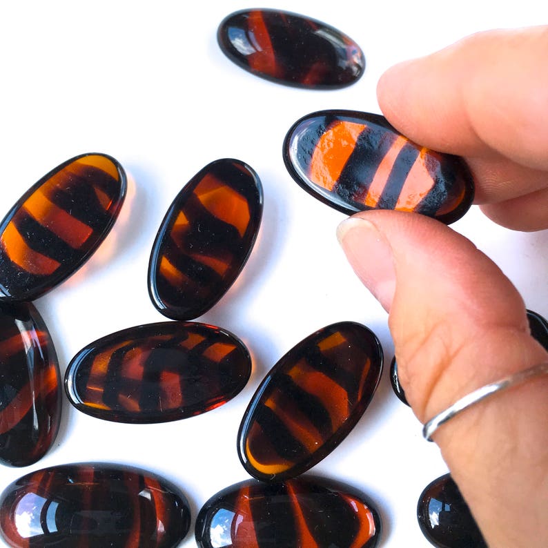 6 Vintage Tortoise Shell Glass Stones-Jewel Stones Crystal Cabochons with Flat bottom-Jewelry Craft Supply Large Oval 32x12mm Art