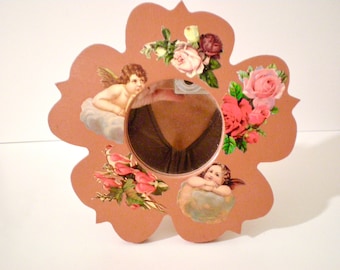 Vintage Handmade Wood FRAME, Wood Flower Frame, Handcut Wood Art Decoupage Frame, One of a Kind FRAME, Pretty Pink Retro Frame, Baby Gift