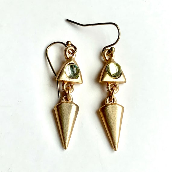 Matte Gold Vintage Dangle Earrings with Pale Gree… - image 3