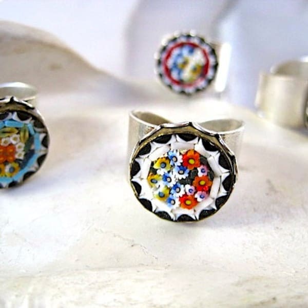 Vintage Italian Mosaic Ring- Vintage Mosaic RING- Mille Fleur Mosaic Ring-Handmade Tesserae Mosaic Ring- Italian Micro Mosaic Jewelry Ring