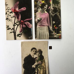 5 verschiedene Vintage Postkarten - farbige Postkarten - Ephemera, Blumen, Kinder, Liebespaar, etc. (5 Karten)