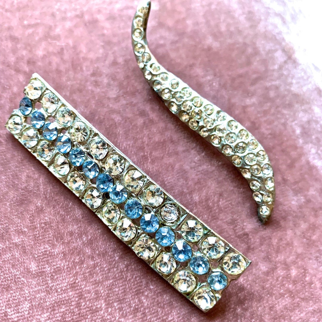 2 Vintage Pavé Brooch Bar Pins/ Crystal Rhinestone Silver Pins/ 1950's