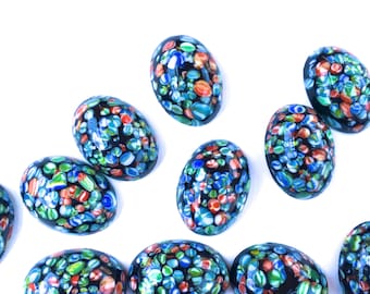BLACK Mosaic Millefleur Oval Cabs- Vintage Glass Jewel Stones- 18 x 13mm Smooth opaque flat bottom oval stones for Jewelry and Craft- 6 pcs