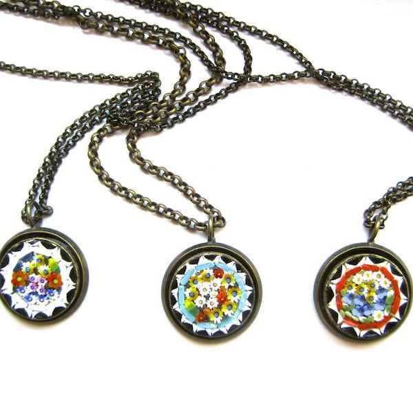 Vintage Italian Mosaic Necklace- Mille Fleur Mosaic  Pendant Necklace- Handmade Tesserae Mosaic Necklace- Italian Micro Mosaic Jewelry Gift