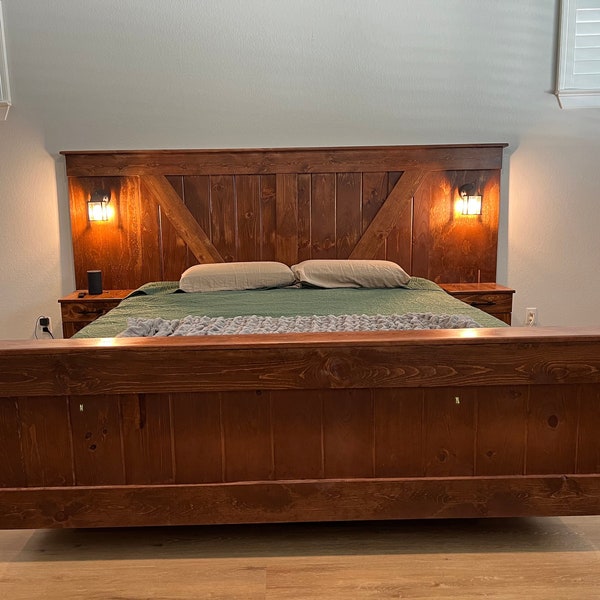 Handmade Farmhouse Floating Bedframe and Headboard Set - Includes Nightstands and Independent Lamps