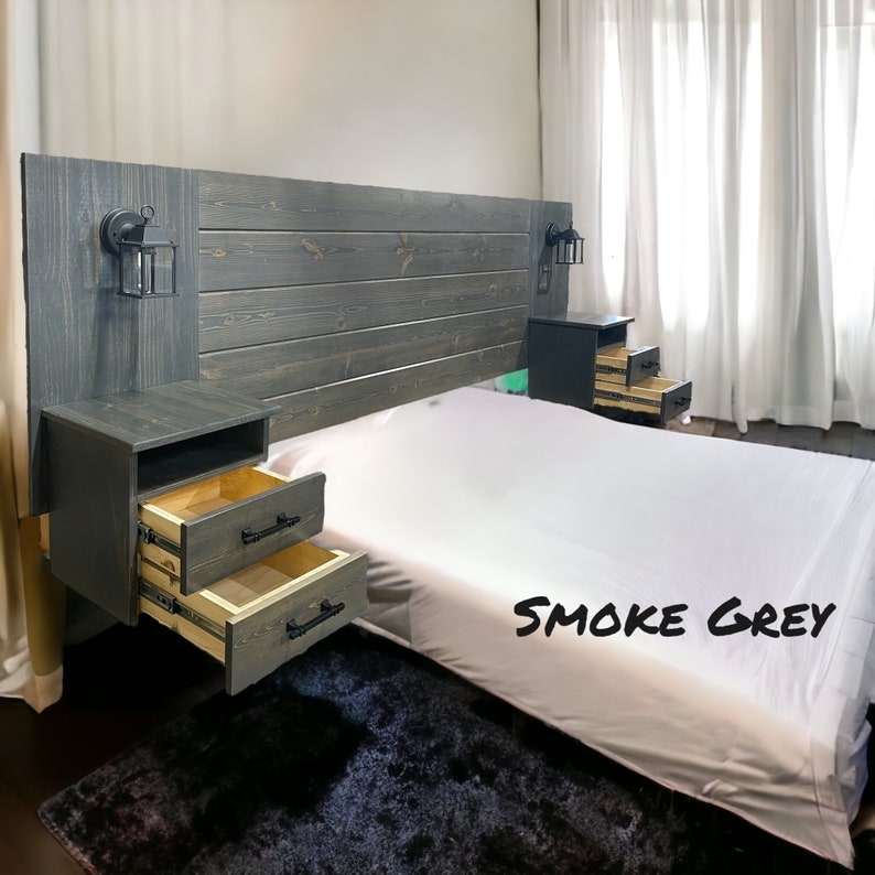 Floating Headboard with Lamps and Nightstand Tables with Double Drawers Smoke Grey