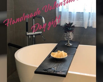 Valentines Day Bathtub Wine Caddy Tray with Tablet and Wine Glass Holder - Gift for her - Bath Board - Self Care - Book and tablet Holder