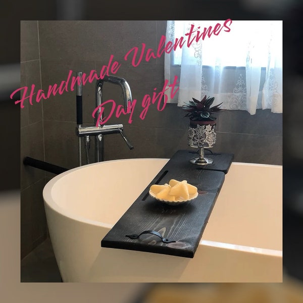 Valentines Day Bathtub Wine Caddy Tray with Tablet and Wine Glass Holder - Gift for her - Bath Board - Self Care - Book and tablet Holder