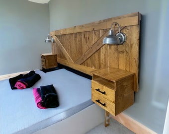 Floating Wall Hung Barn Door Headboard with nightstands