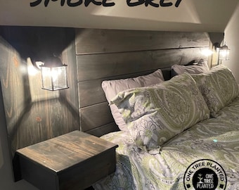 Floating Dark Grey Headboard with Independent Lamps and Nightstands with Drawers