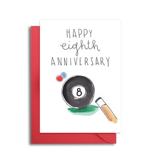 Octava tarjeta de aniversario de boda, tarjeta de marido de octavo aniversario, tarjeta de aniversario de 8 bolas, regalo de octavo aniversario para él, tarjeta temática de piscina