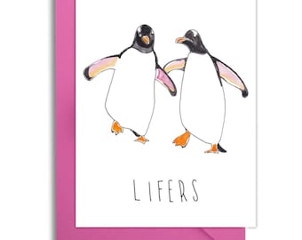 Penguin Lifers Card, Watercolor Card for Her, Penguin Anniversary Card for Him, Animal Anniversary Card, Husband Birthday Card