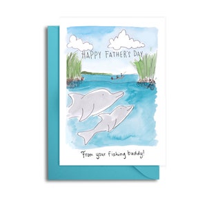 Carta della festa del papà della pesca, Carta della festa del papà dei delfini, Festa del papà della pesca di padre e figlio, Buona festa del papà dal tuo compagno di pesca