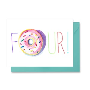 Karta urodzinowa Donut 4th, Karta FOUR Donut, Karta urodzinowa 4th, Pączek z różową posypką, Urodziny w stylu Donut, Urodziny wnuczki, FOUR