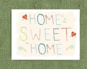 First Apartment Card, Housewarming Gift Embroidery Style Home Sweet Home Print
