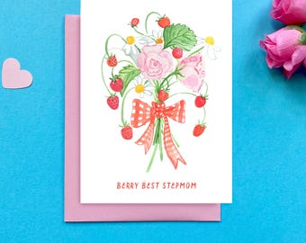 Mother-in-Law Mother's Day Card Bonus Mom Mother's Day Gift Step Mom Card Berry Best Mom Strawberry Bouquet