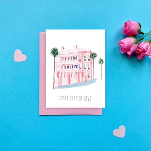 Carte de la maison rose de Charleston, Saint-Valentin de Charleston, Saint-Valentin de voyage, Carte de la petite ville de l'amour, Saint-Valentin sur le thème de Charleston, Saint-Valentin