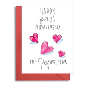 Eerste huwelijksverjaardag echtgenoot, papieren verjaardag, papieren harten 1e verjaardag, kaart 1e verjaardag, één jaar getrouwd, origamihart