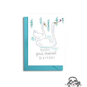 Carte d'anniversaire de premier mariage, anniversaire de mari, anniversaire de femme, première année de mariage, carte d'amour de couple de cygnes, premier anniversaire en couple